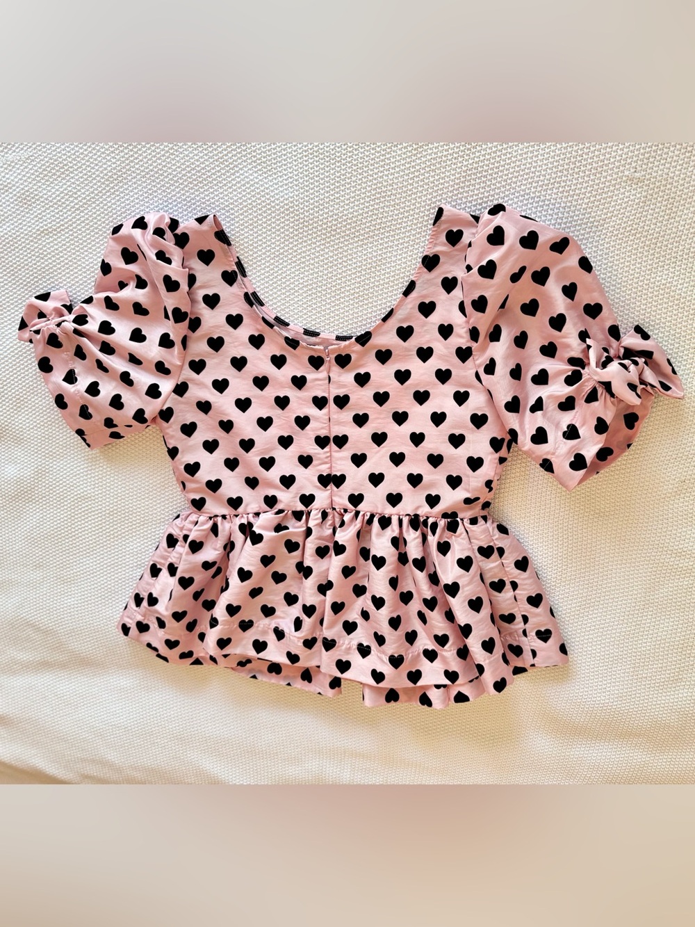 LOVESHACKFANCY Pink Taffeta & Black Velvet Heart Peplum Top Puff Sleeve Blouse - Picture 9 of 16